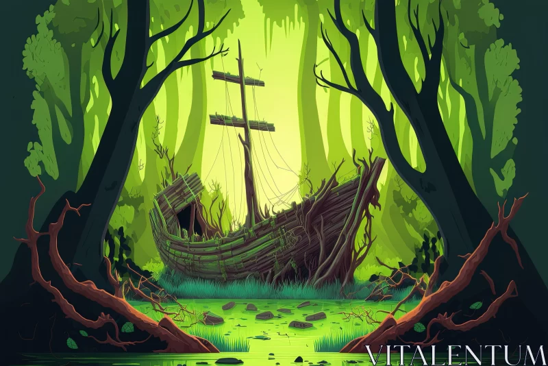 Captivating Cartoon Ship in a Lush Green Forest AI Image