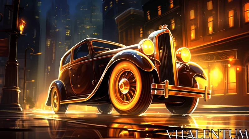 Classic Car Night Scene - City Street Digital Painting AI Image