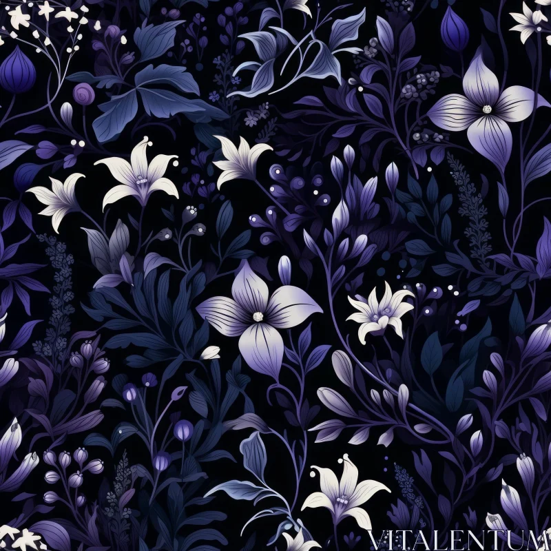 Dark Blue Floral Pattern - Lilies, Roses, Daisies AI Image