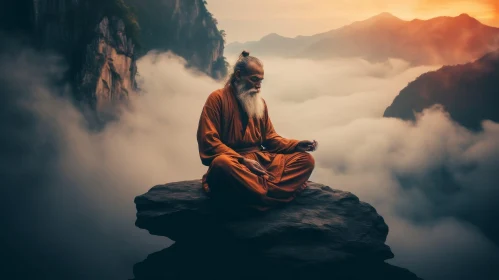 Elderly Man Meditating on Mountain at Sunset