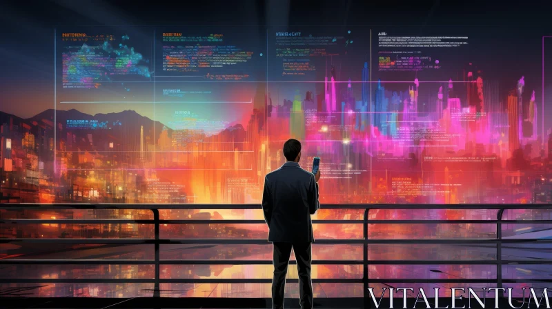 Futuristic Cityscape: Man Standing on Rooftop - Mystery Artwork AI Image