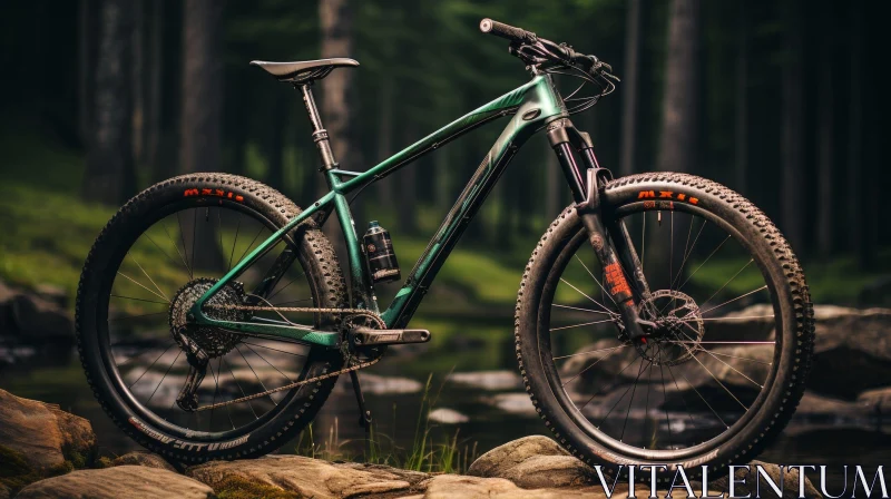 Green and Black Mountain Bike in Forest Setting AI Image