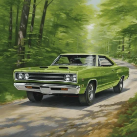 Hyper-Detailed Realistic Oil Portrait of a Green Vehicle on a Forest Road