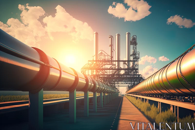 Industrial Sunrise: 3D Rendering of a Pipeline in Traditional Oil Painting Style AI Image