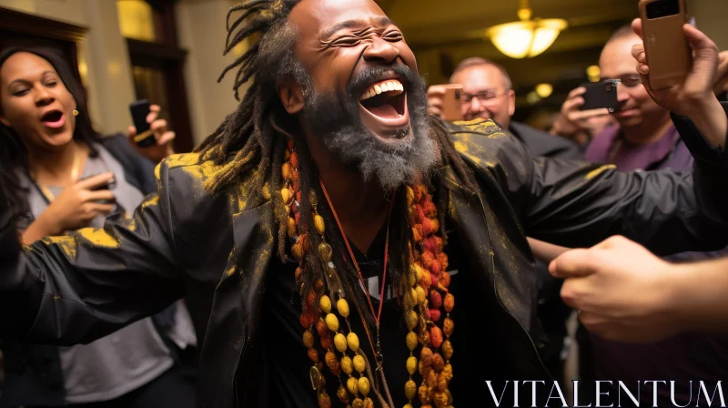 Laughing Man with Dreadlocks and Colorful Necklaces AI Image
