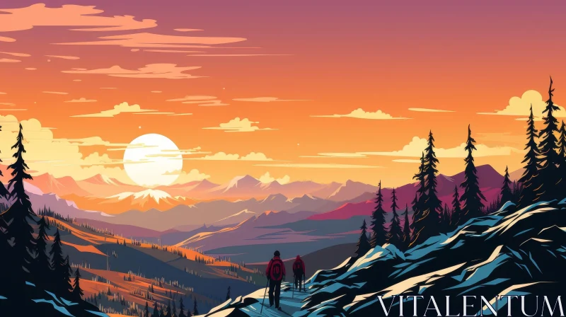 Mountain Range Sunset Hiking Cartoon AI Image