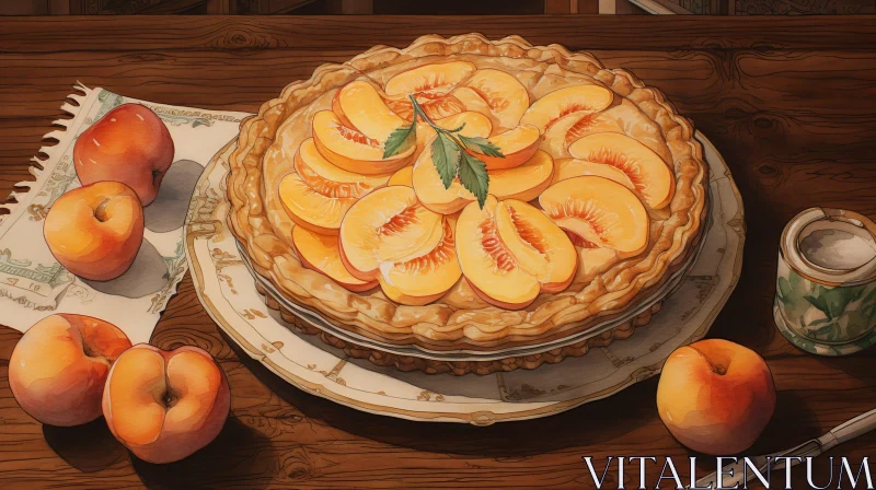 Peach Pie Watercolor Painting on Wooden Table AI Image