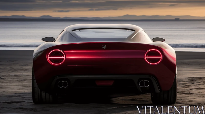 Red Sports Car Rear View on Beach | Renaissance-inspired Chiaroscuro AI Image