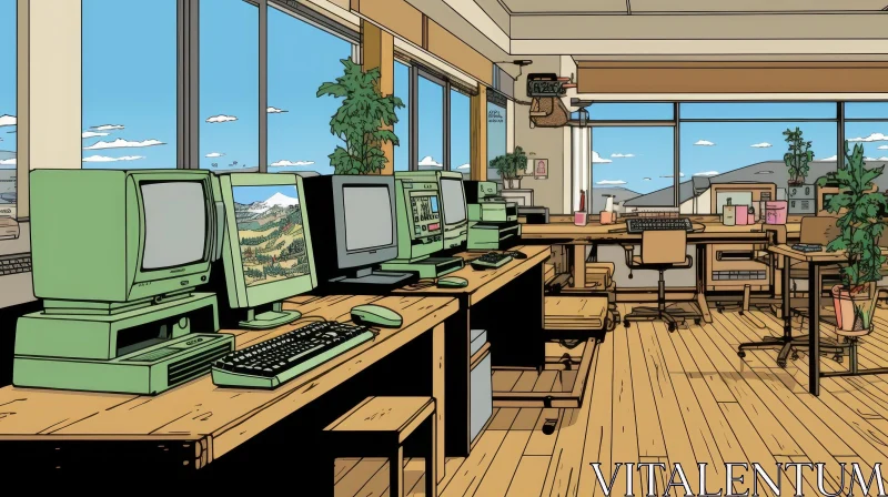 AI ART Retro Workplace Interior with Green Computers
