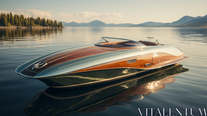 Sleek Wooden Speed Boat on Calm Lake AI Image