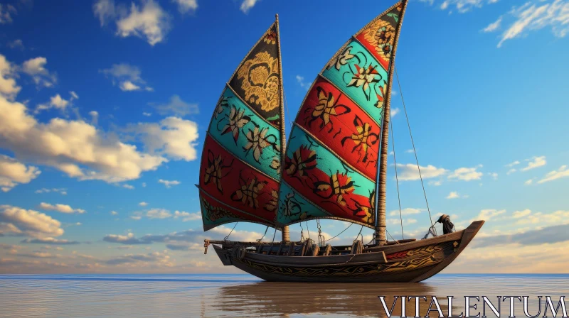 Traditional Asian Junk Boat 3D Rendering on Calm Sea AI Image