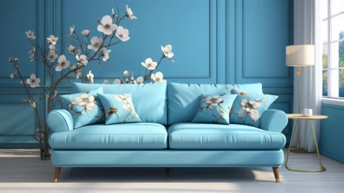 Tranquil Living Room with Blue Sofa and White Flowers