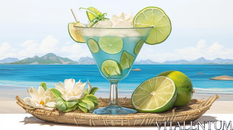Tropical Beach Scene with Blue Margarita Cocktail AI Image
