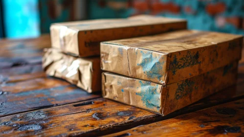 Vintage Cardboard Boxes on Wooden Table | Rustic Composition