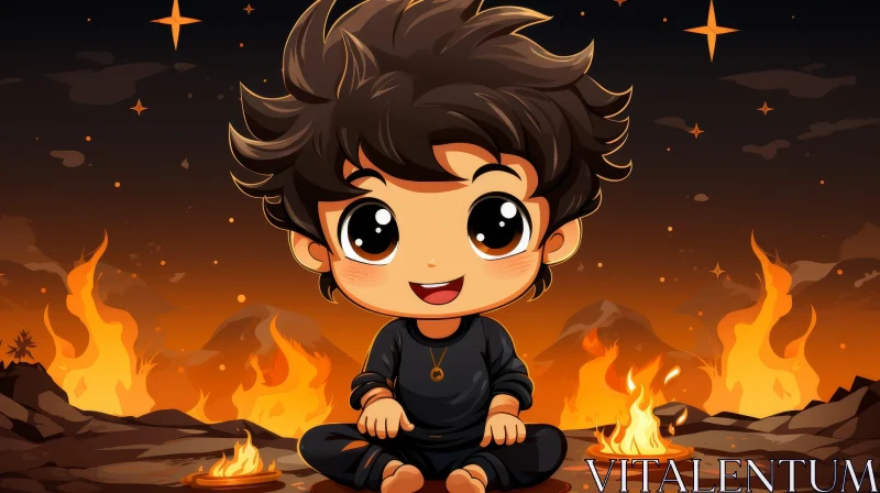 Young Boy Cartoon Campfire Illustration AI Image