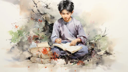 Young Boy Reading a Book in Traditional Chinese Outfit - Watercolor Painting