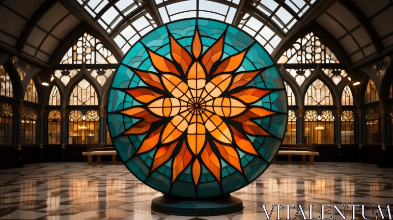 Beautiful Stained Glass Circle Window in Room with High Ceiling AI Image