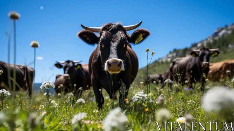 Close-up Cow in Green Field with Flowers and Mountains AI Image