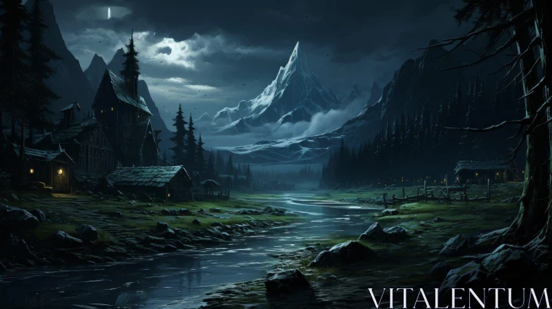 Dark Fantasy Landscape with Village and Snowy Mountain AI Image