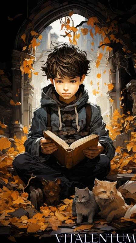 Enchanting Painting of a Boy in Ruined Library AI Image
