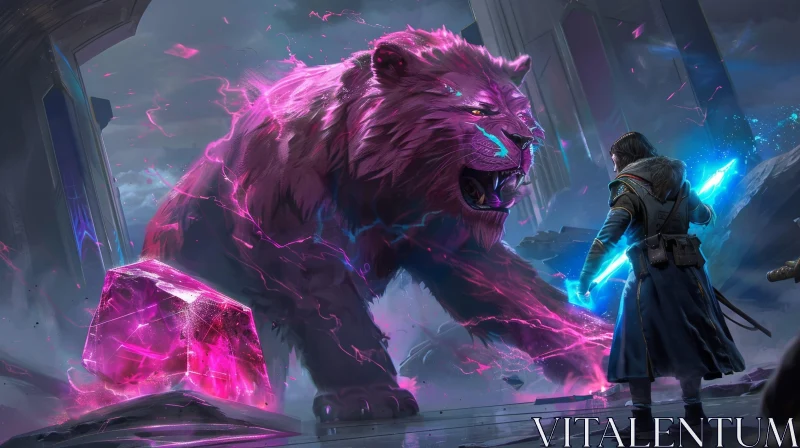 Epic Battle: Man vs Magical Beast - Digital Painting AI Image