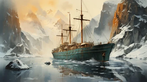 Frozen Sea Ship Painting - Majestic Nature Scene