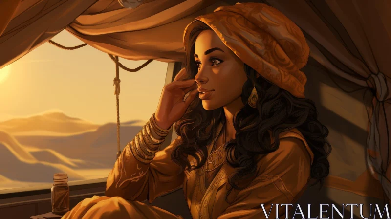 Golden Head Wrap Portrait in Desert Sunset AI Image