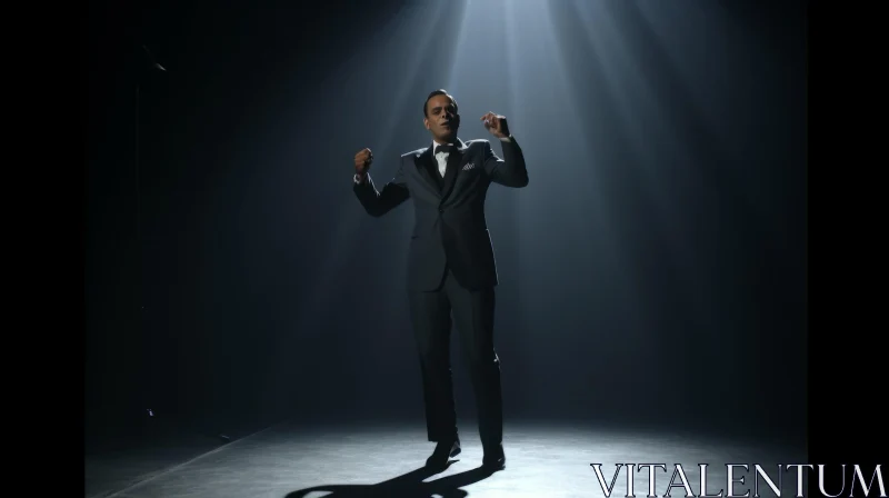 Man in Suit Dancing on Stage - Spotlight Performance AI Image
