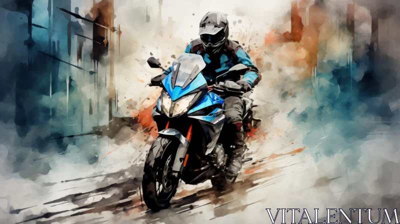 Man Riding Blue Motorcycle in City Street - Watercolor Painting AI Image
