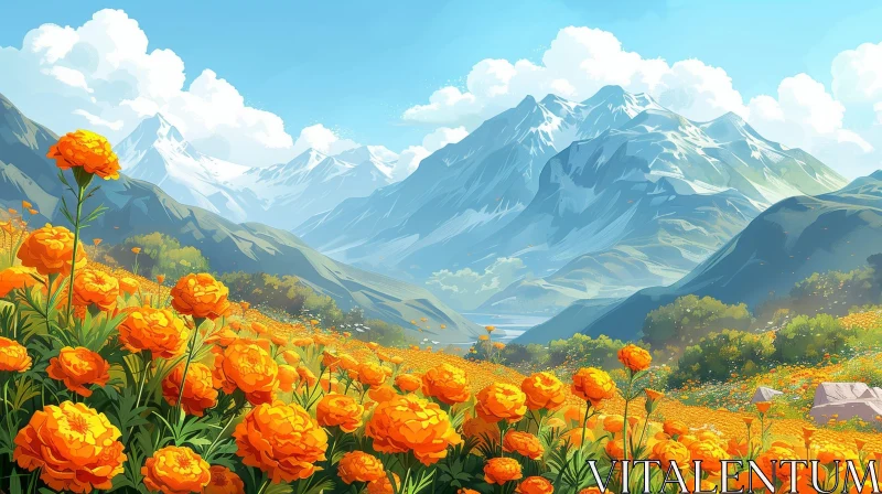 Orange Flowers Field and Snowy Mountains Landscape AI Image