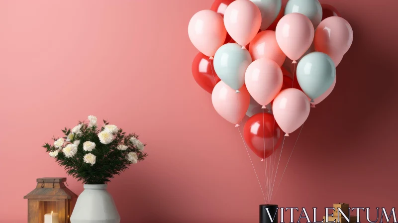 AI ART Pink Background with White Flowers and Balloons