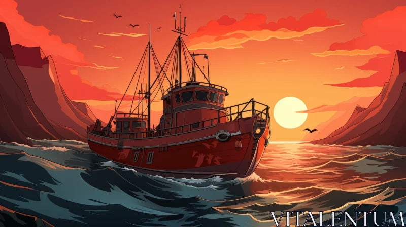 AI ART Serene Fishing Boat at Sea Sunset