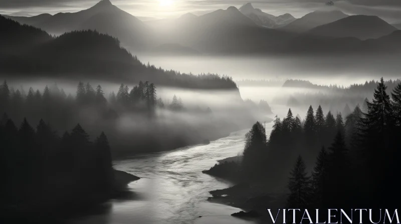 Serene River Landscape in Black and White AI Image