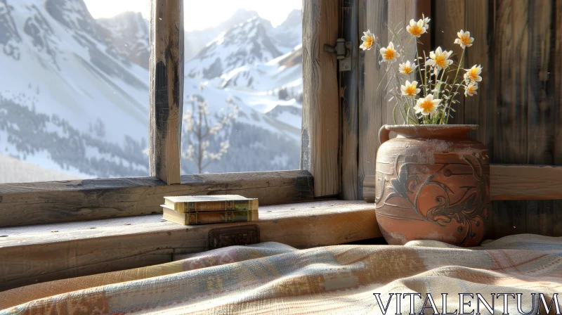 AI ART Serene Window with Mountain Landscape View