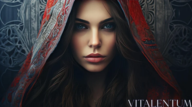 Serious Woman Portrait with Red and Gray Hood AI Image