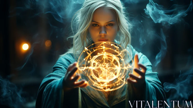 Serious Young Woman with Glowing Ball - Photo Portrait AI Image
