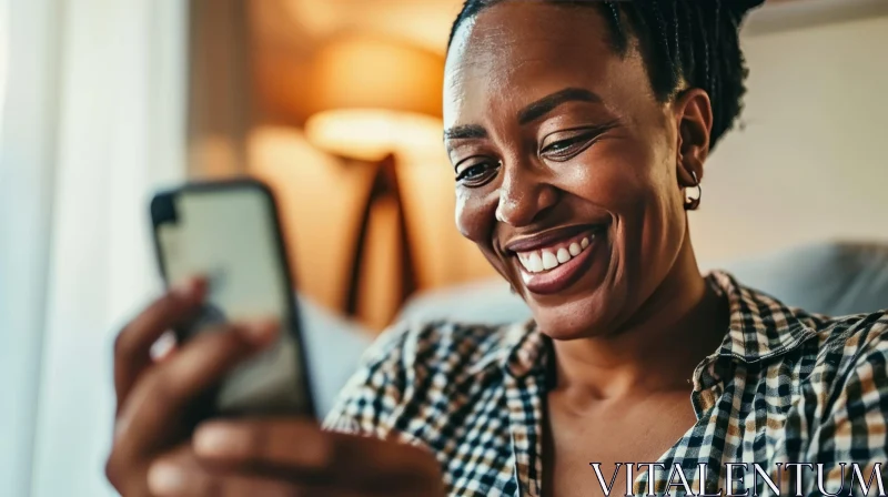Smiling African-American Woman on Couch with Phone AI Image