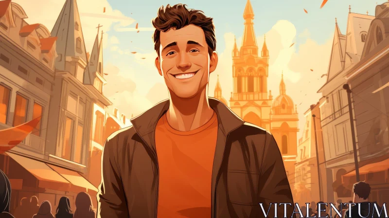 Smiling Young Man in City Street - Casual Outfit AI Image