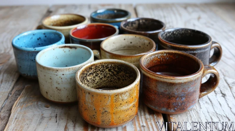 AI ART Unique Ceramic Cups Arranged on Wooden Table - Captivating Composition