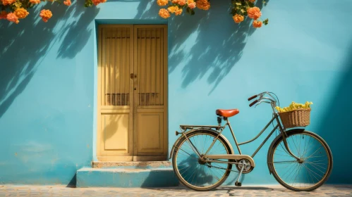 Vintage Bicycle Against Blue Wall with Yellow Flowers