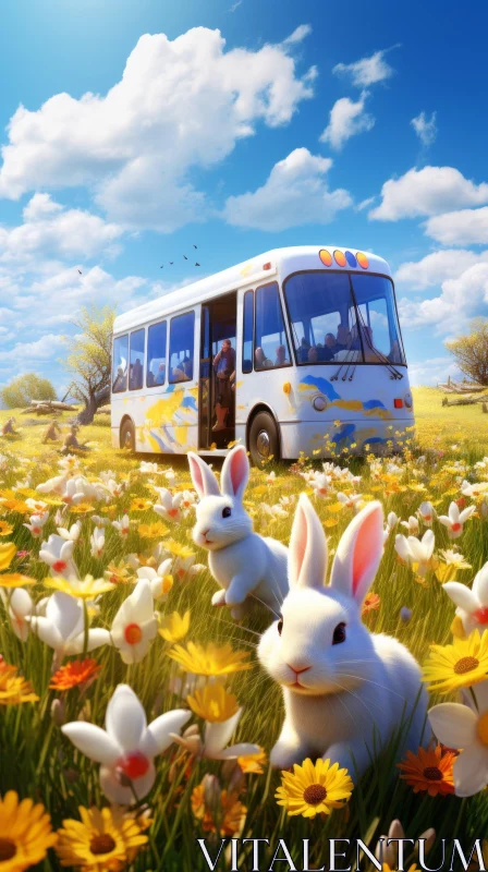 Whimsical Easter-Themed Bus Amidst Vibrant Field AI Image