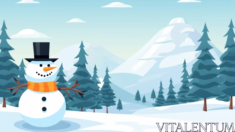 Winter Cartoon Snowman in Snowy Landscape AI Image