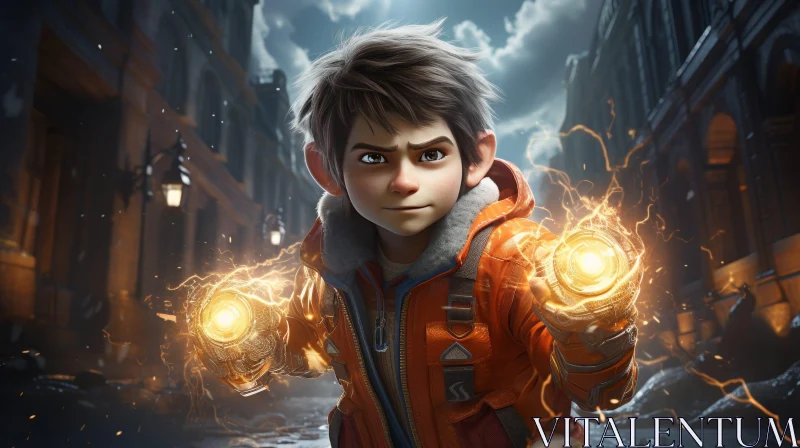3D Hero Boy with Glowing Energy Balls in City Street AI Image