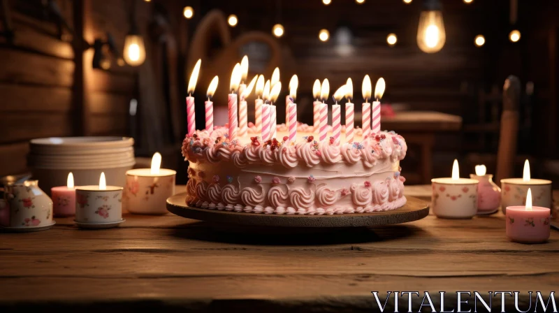 Birthday Cake Celebration on Wooden Table AI Image
