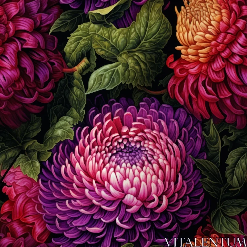 Chrysanthemum Floral Pattern on Dark Background AI Image