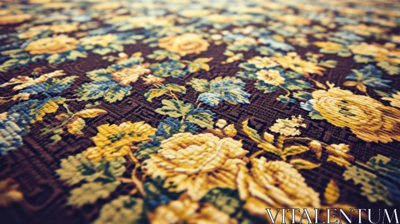 Close-up Floral Tapestry: Vibrant Flowers on Dark Brown Fabric AI Image
