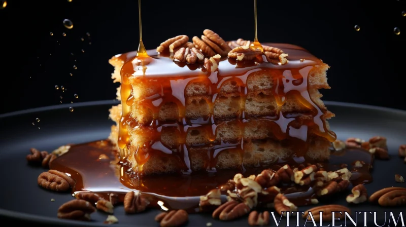 Delicious Cake with Pecans and Caramel Sauce AI Image