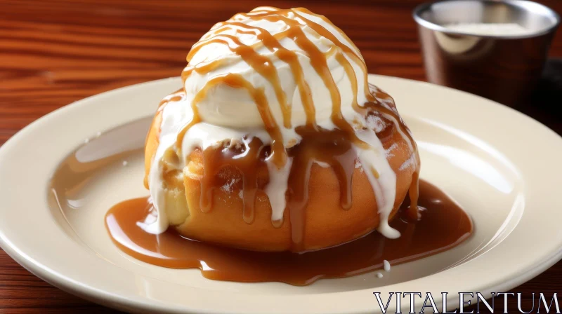 Delicious Sticky Bun with Vanilla Ice Cream and Caramel Sauce AI Image