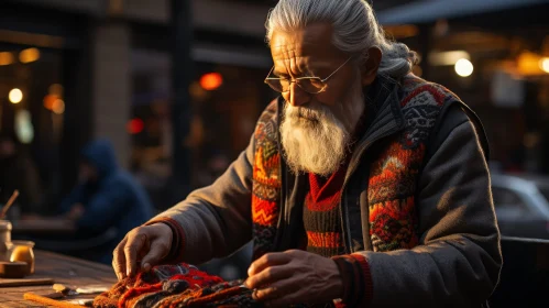 Elderly Man Knitting Project Street Scene