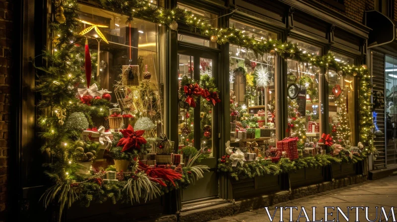 Enchanting Christmas Storefront Decorated with Lights and Ornaments AI Image